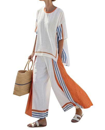 Women's Striped Print Crewneck 3/4 Sleeve Top & Pants Casual Set