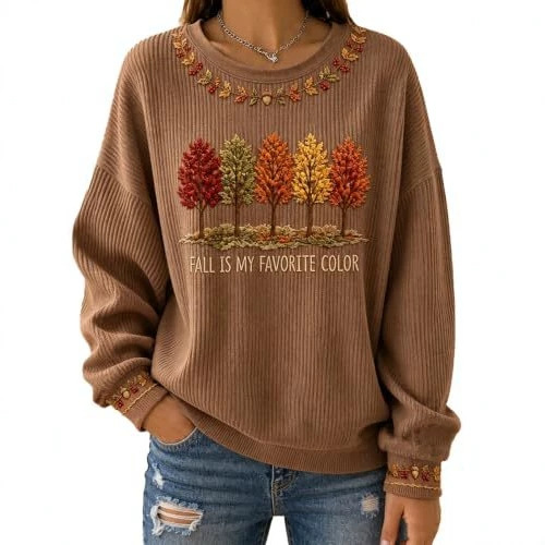 Women's Tree & Maple Leaf Print Crewneck Sweatshirt Casual Pullover
