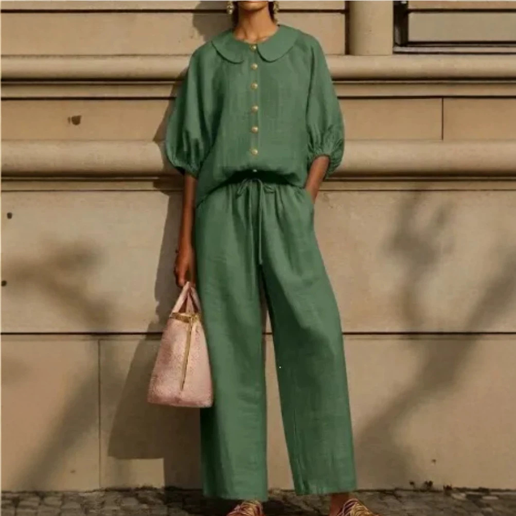 Women's Linen-Blend Collared Shirt and Wide-Leg Pants Set Casual Two-Piece