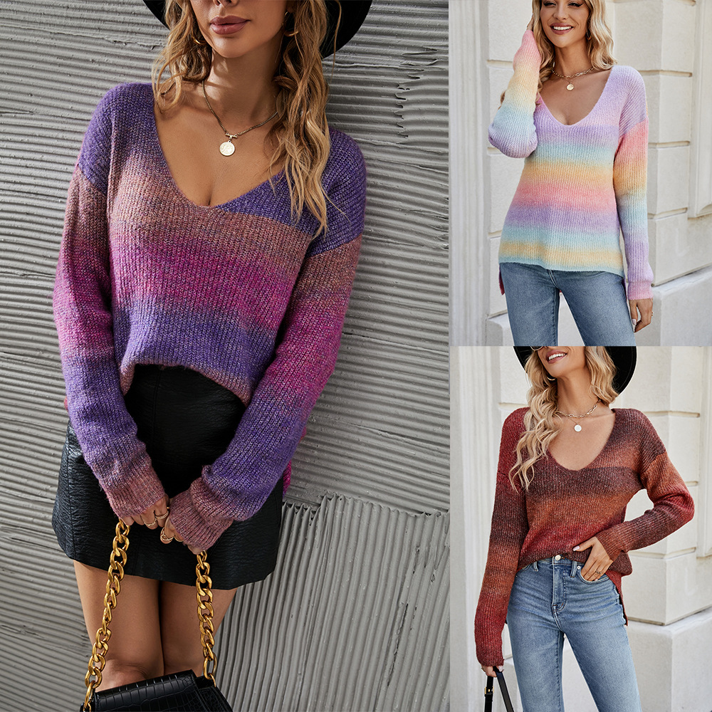 Women's Tie-Dye Gradient Knit Pullover Sweater with Asymmetric Hem and V-Neck