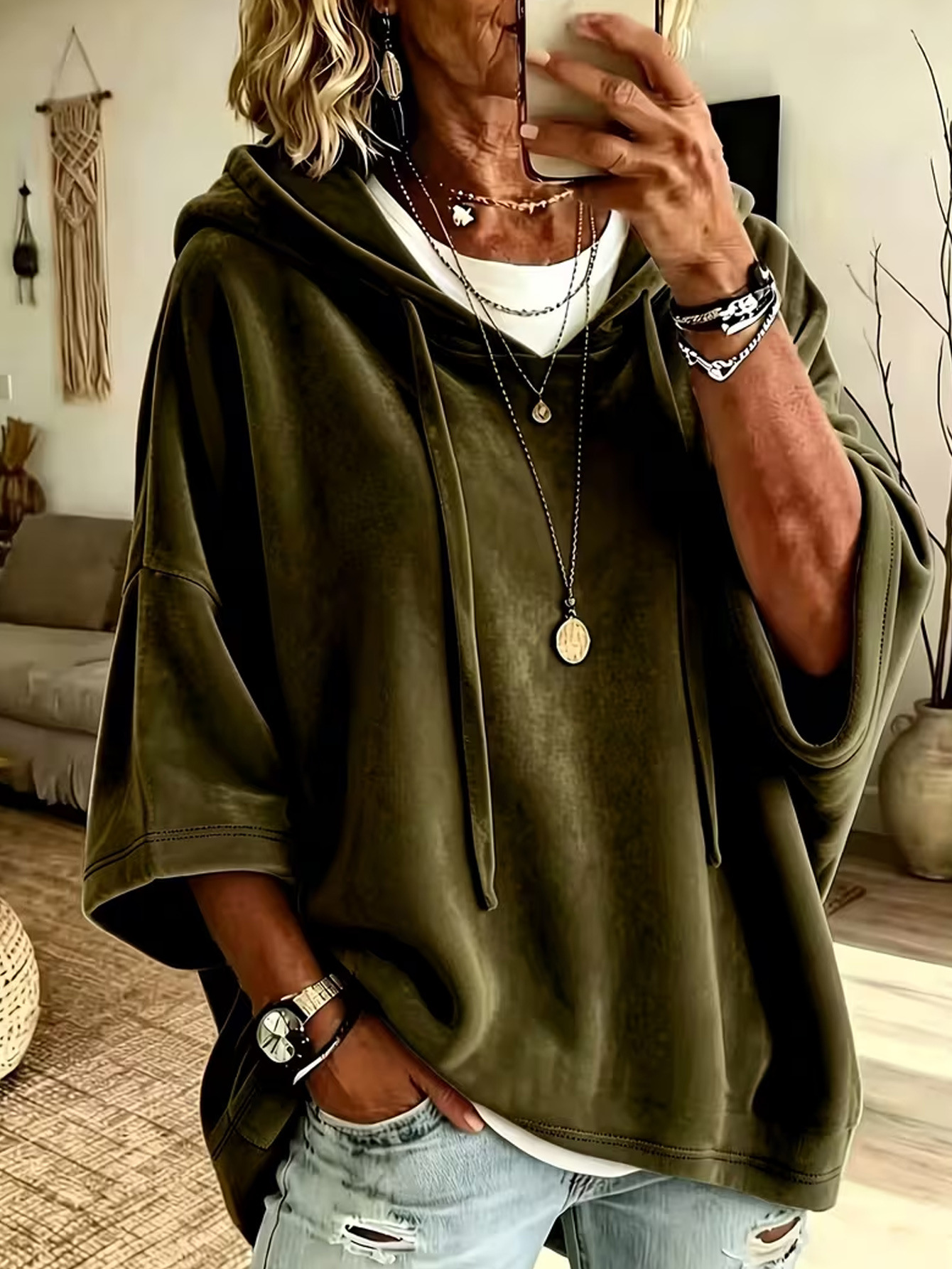 Women's Velvet Hooded Sweatshirt Seven-Quarter Sleeve Solid Color