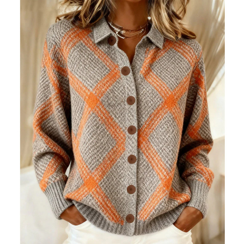 Women's Collared Button-Front Cardigan Sweater, Solid 3D Print Knit, Loose Fit