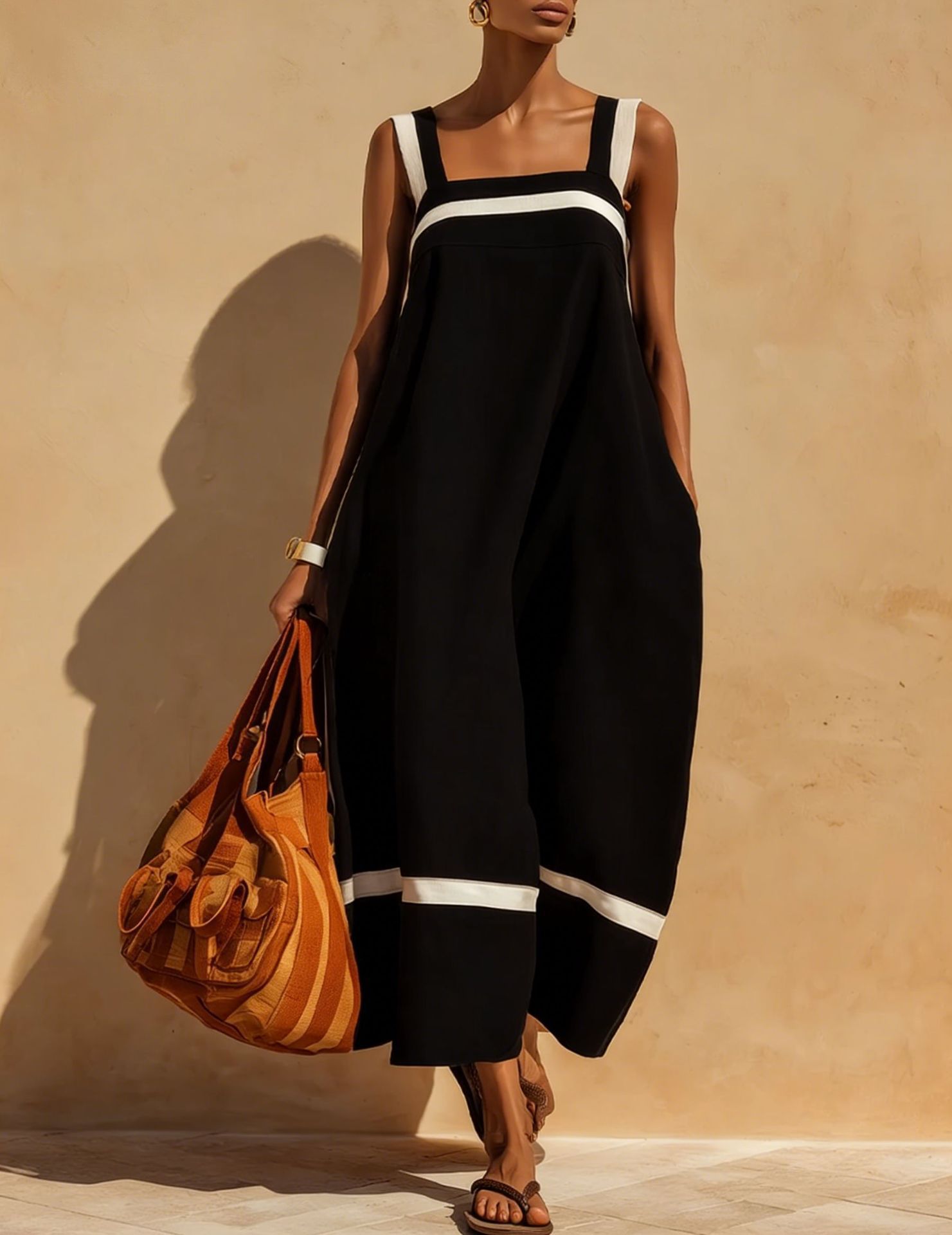 Cotton-Linen Blend Square Neck Striped Colorblock Sleeveless Casual Dress