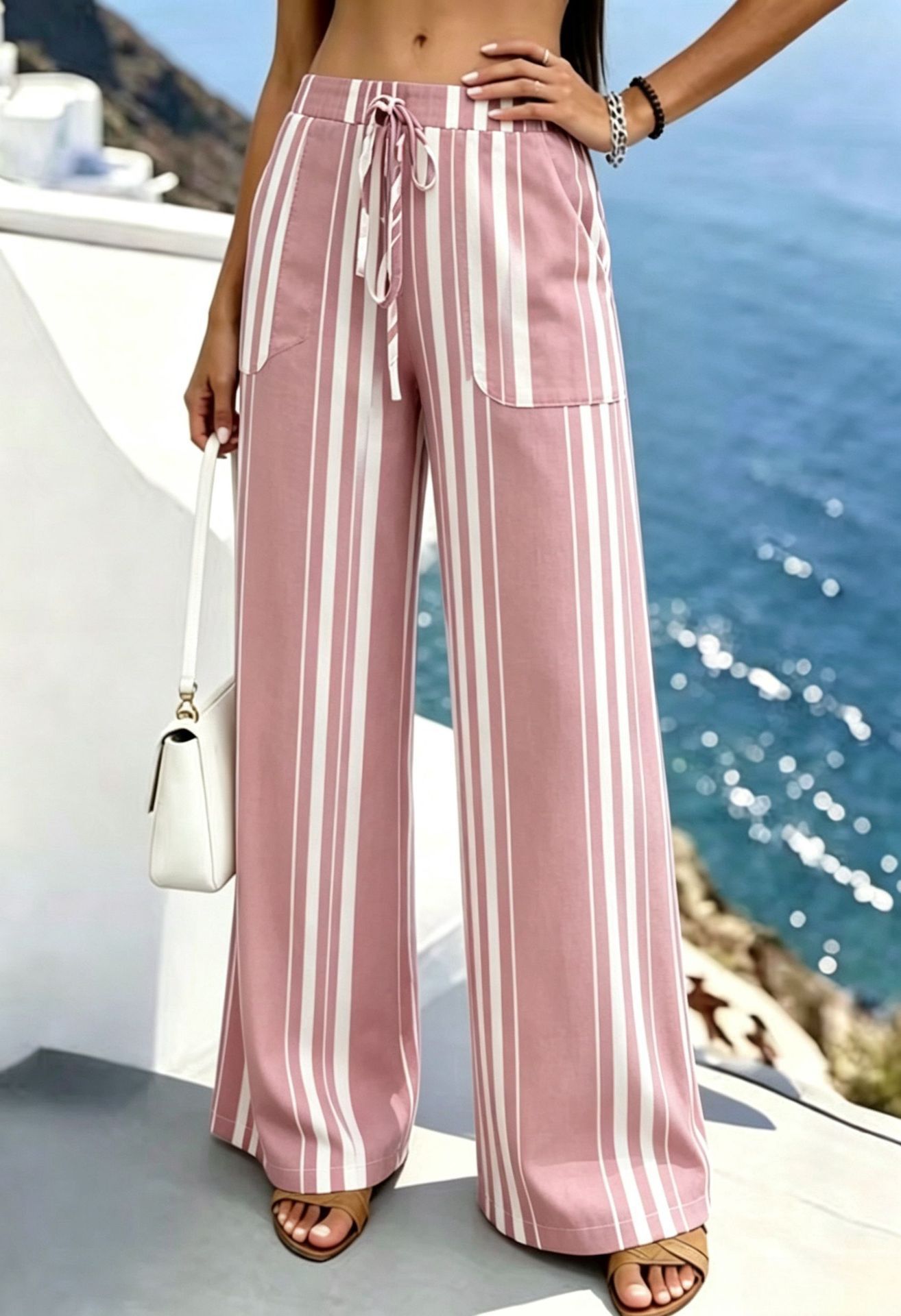 Striped High-Waist Tie-Waist Wide-Leg Pants with Pockets
