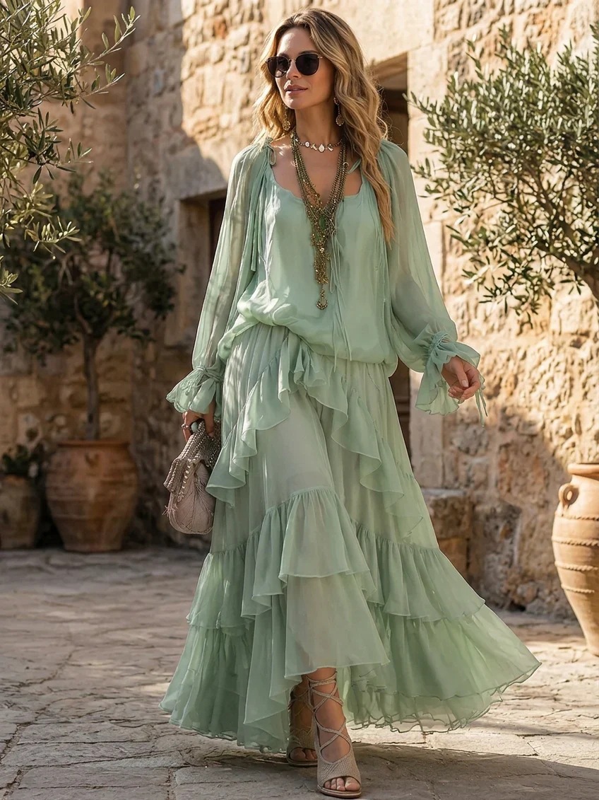 Bohemian Mint Green Chiffon Sun Protection Cardigan Cami Layered Ruffle Maxi Dress Set
