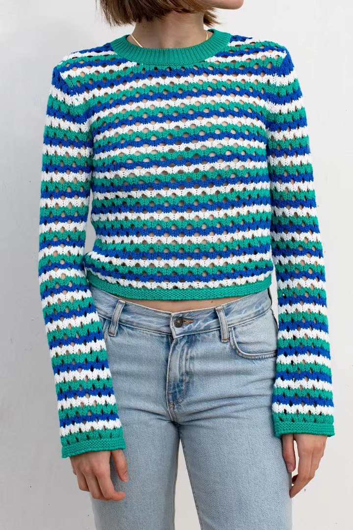 Women's Loose Hollow-Out Striped Knit Sweater with Round Neck