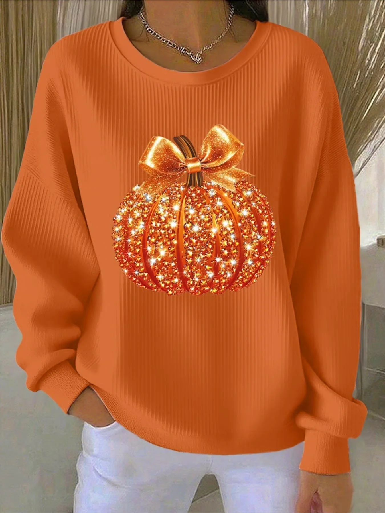 Women's Pumpkin Christmas Tree Bow Print Crewneck Sweatshirt