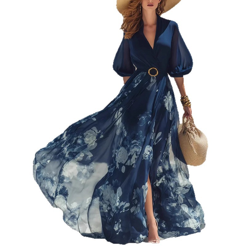 Bohemian Ink Wash V-Neck Maxi Dress Puff Sleeve A-Line