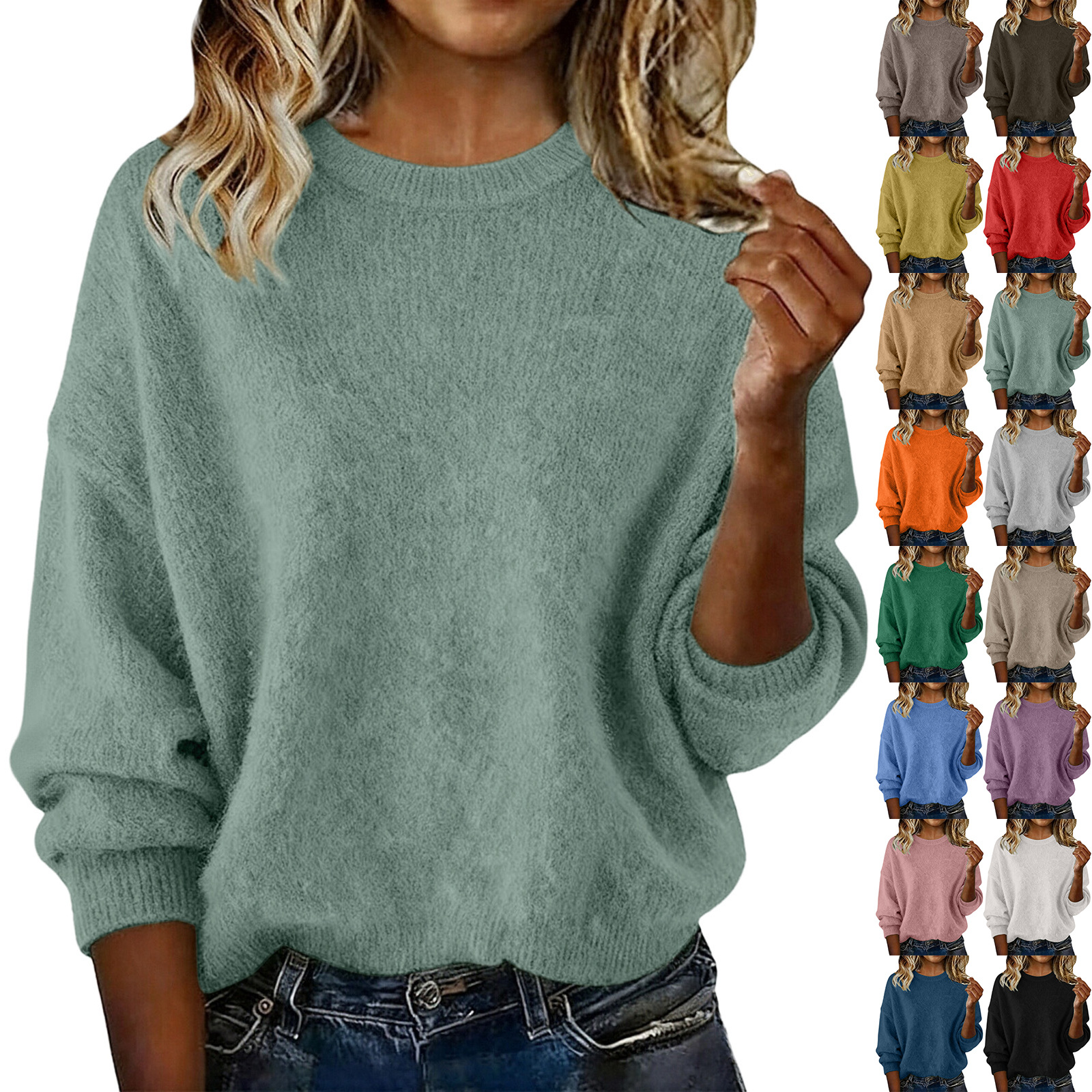 Women's Solid Crewneck Loose Knit Sweater