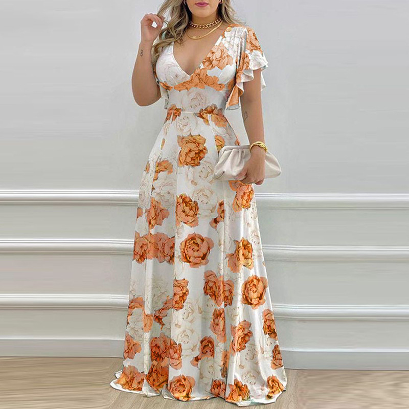 Women's Long Sleeve V-Neck Floral Print High Waist Maxi Dress
