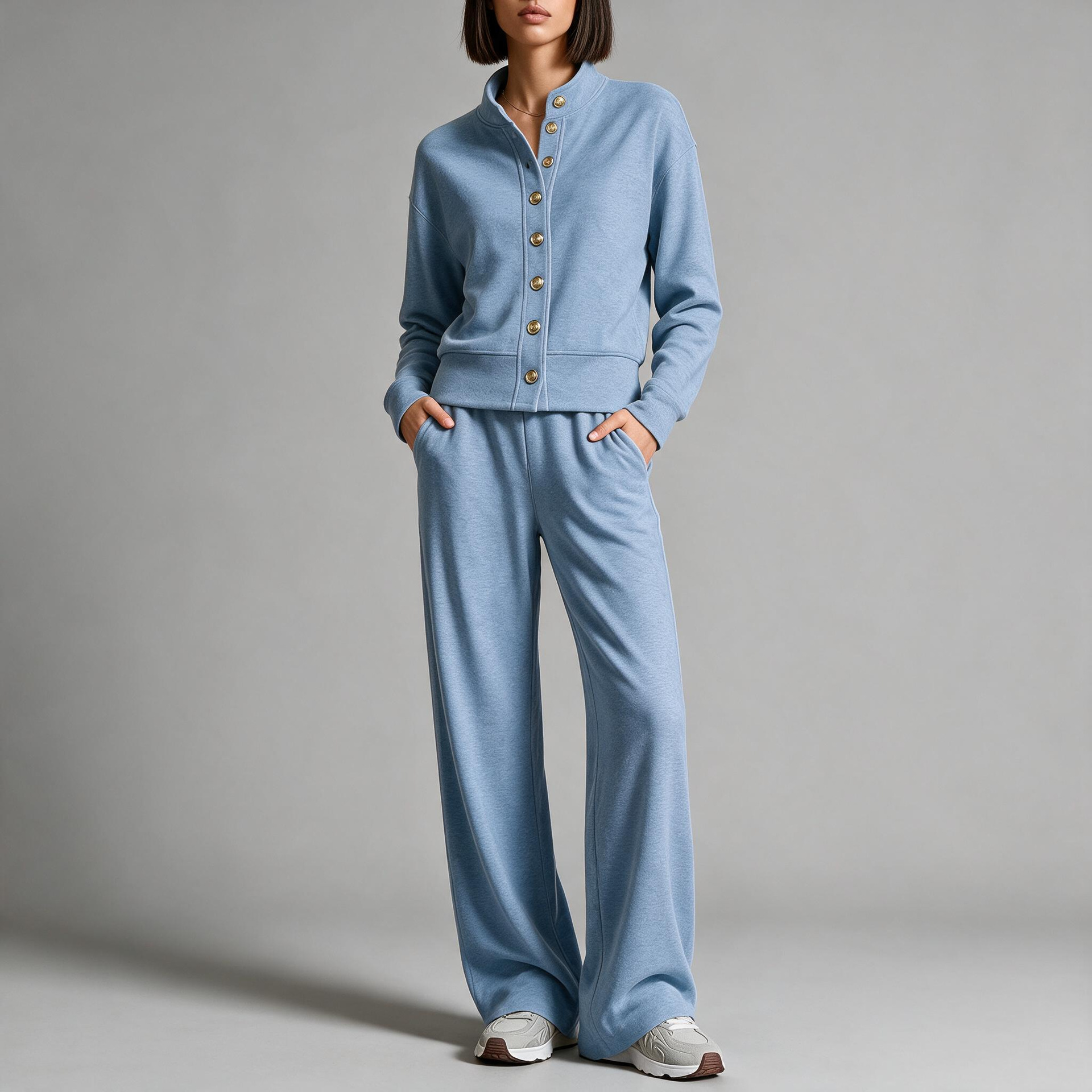 Women's Solid Stand-Collar Cardigan Hoodie & Wide-Leg Pants Set