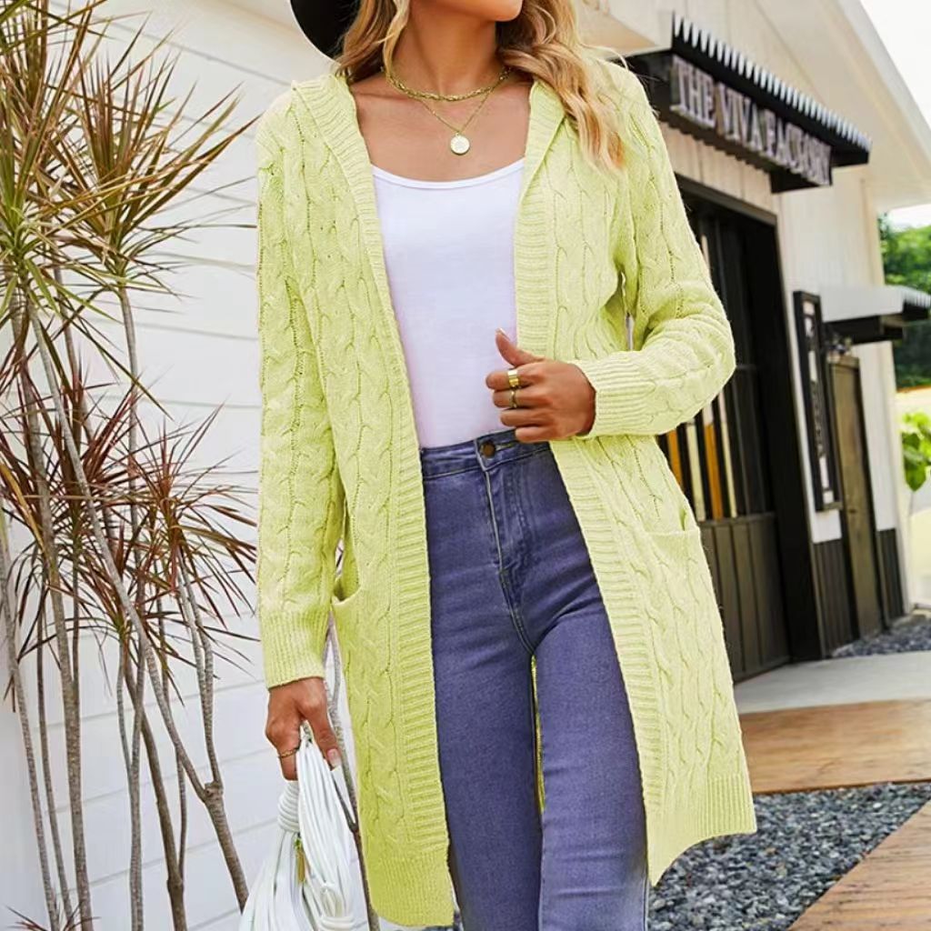 Women's Mid-Length Hooded Cardigan Sweater Cable Knit