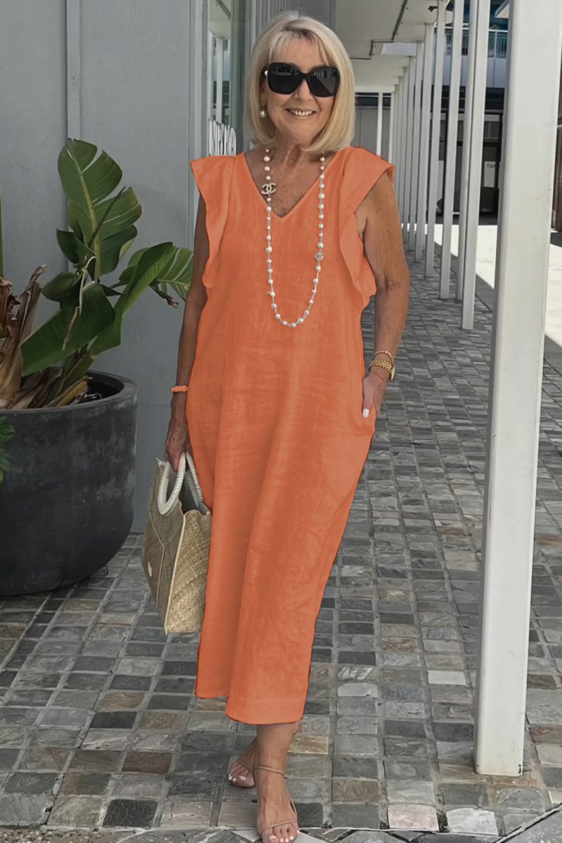 Women's Summer Cotton-Linen Dress with Back Tie and Flutter Sleeves
