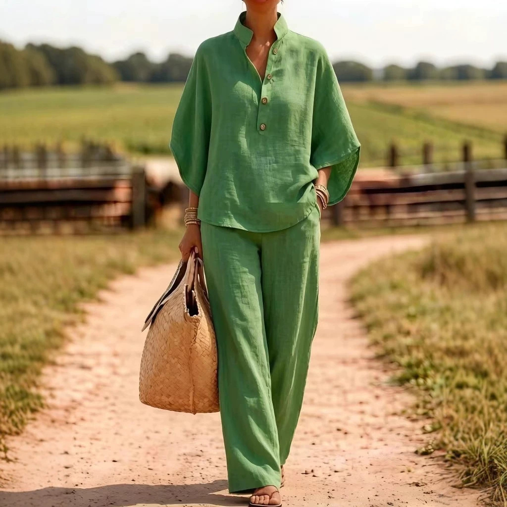 Women's Casual Button-Down Shirt and Wide-Leg Pants Two-Piece Set Solid Color