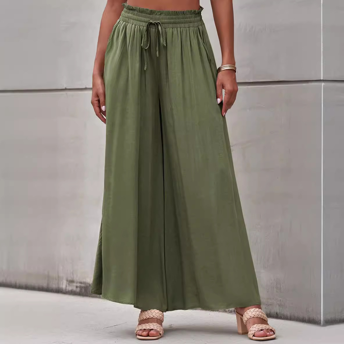 High-Waist Drawstring Flare Pants Solid Color Loose Wide-Leg