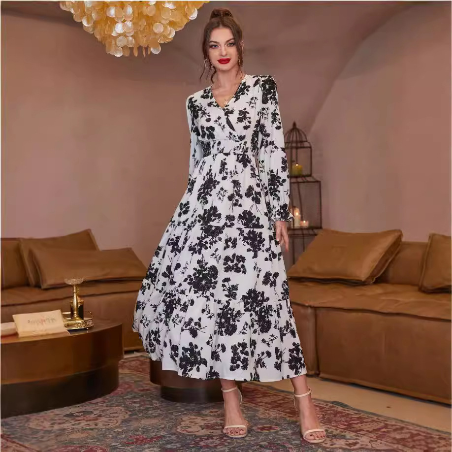 Women's Floral Tiered Maxi Dress Long Sleeve V-Neck