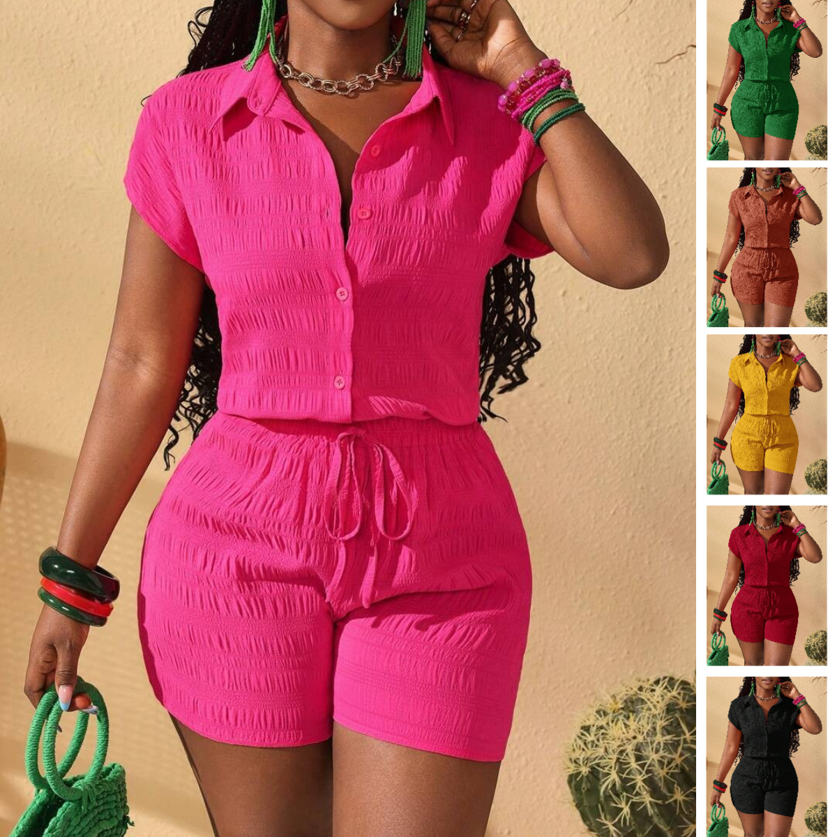 Stand Collar Button Short Sleeve Shirt and Shorts Set