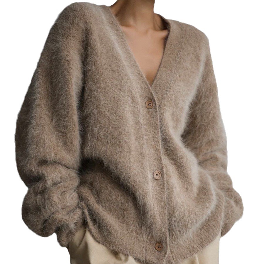 Faux Mink V-Neck Knit Cardigan Women Loose Solid Button-Up Sweater