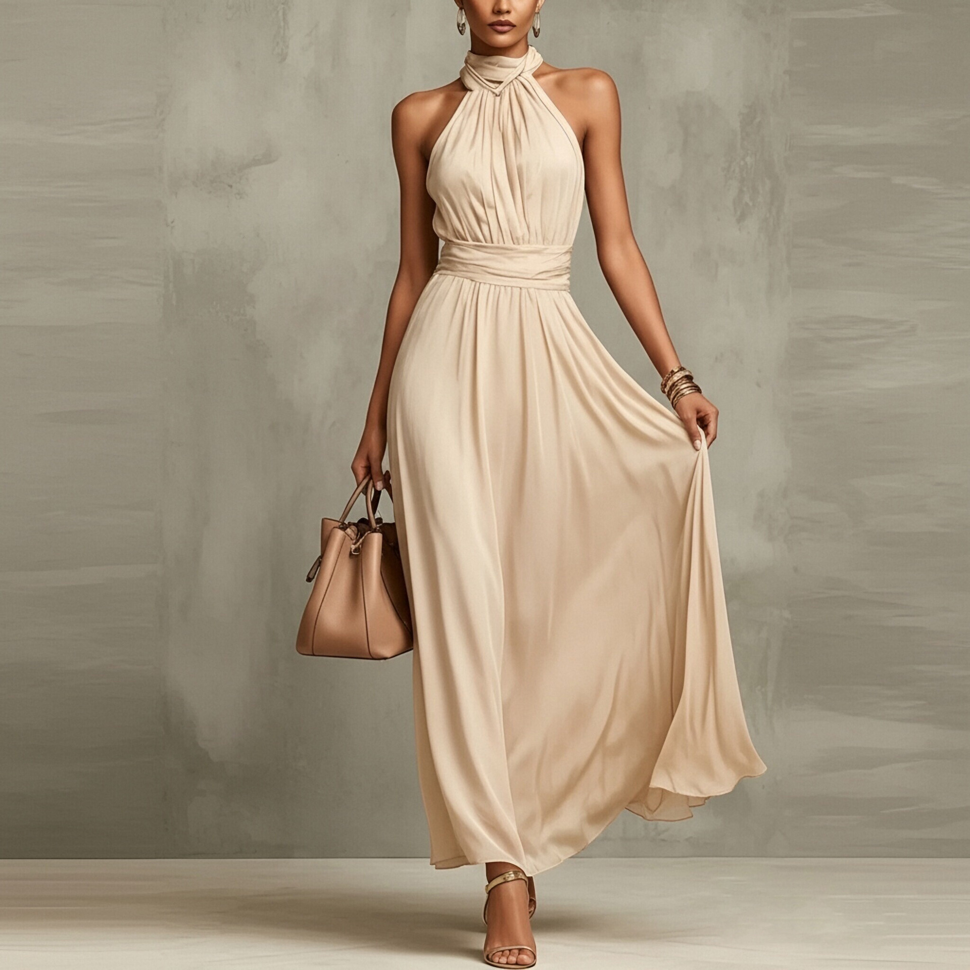 Elegant Floral Print Halter Sleeveless Bodycon Midi Dress