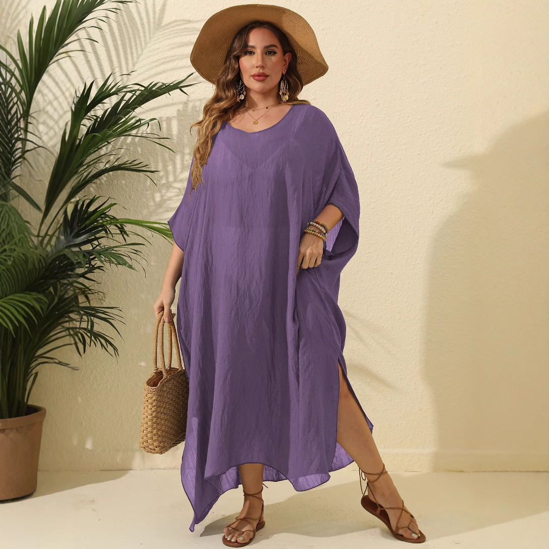Women's Plus Size Solid Color Loose V-Neck Sleeveless Slit Maxi Dress Beach Cover-Up