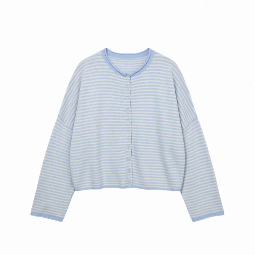 Striped Knit Cardigan Women's Loose Crew Neck Single-Breasted Long Sleeve Casual Outerwear