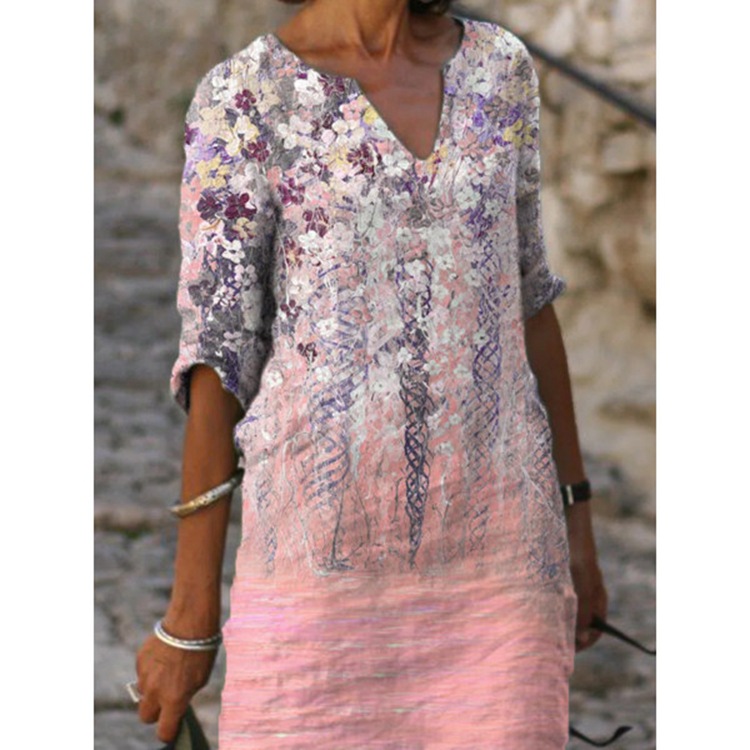 Women's Summer Floral V-Neck A-Line Midi Dress Short Sleeve Casual