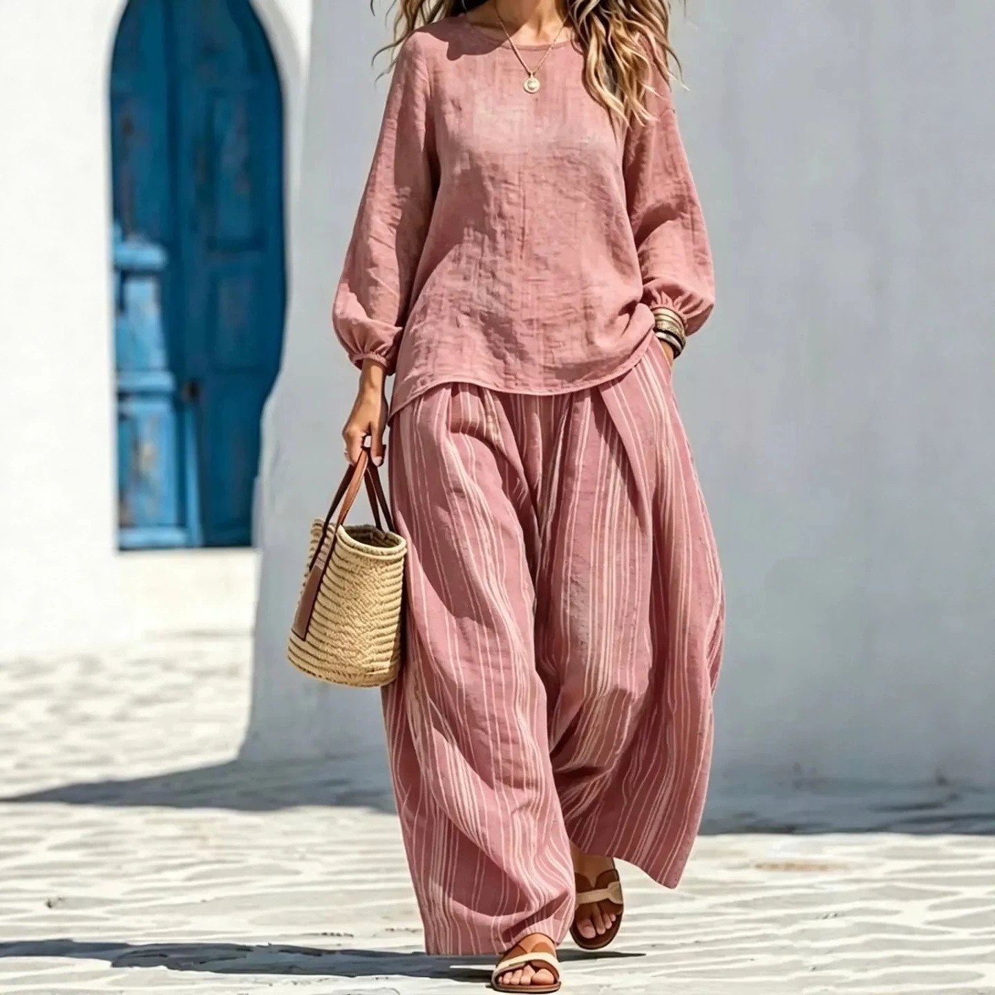 Women's Lantern Sleeve Top and Striped Wide-Leg Pants Set
