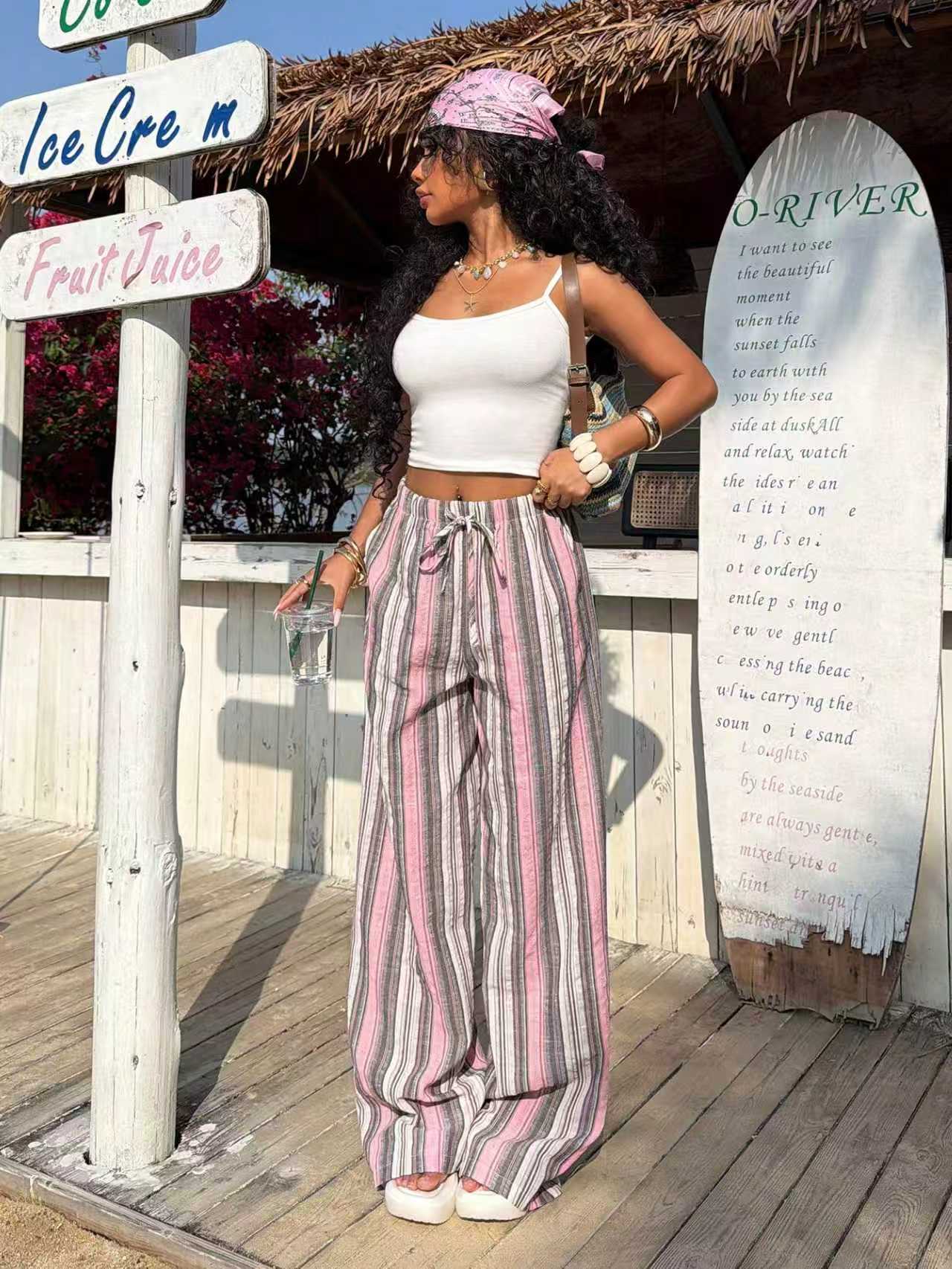 Striped Drawstring Wide-Leg Lounge Pants