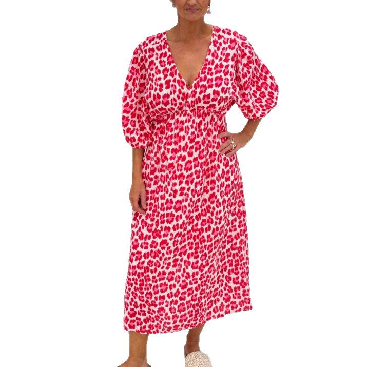 Women's Floral Print Deep V-Neck 3/4 Sleeve Waist-Cinched Loose Dress