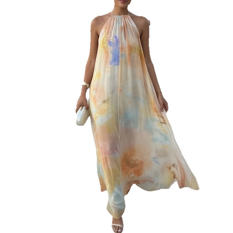 Women's Floral Halter Neck Off-Shoulder Long Dress Casual Loose Fit
