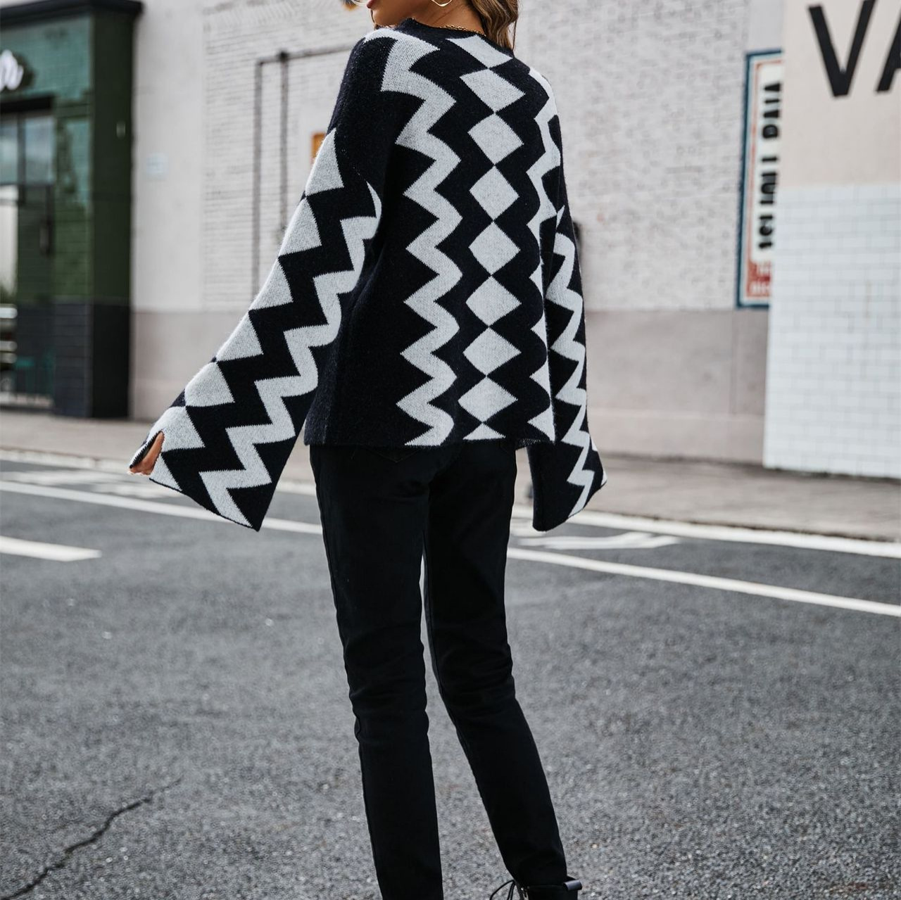 Diamond Plaid Color-Block Hooded Knit Sweater