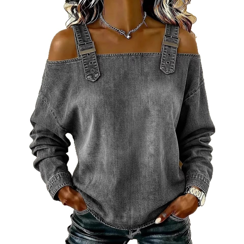 Women's Denim Cami Top Retro Casual Loose Fit Long Sleeve