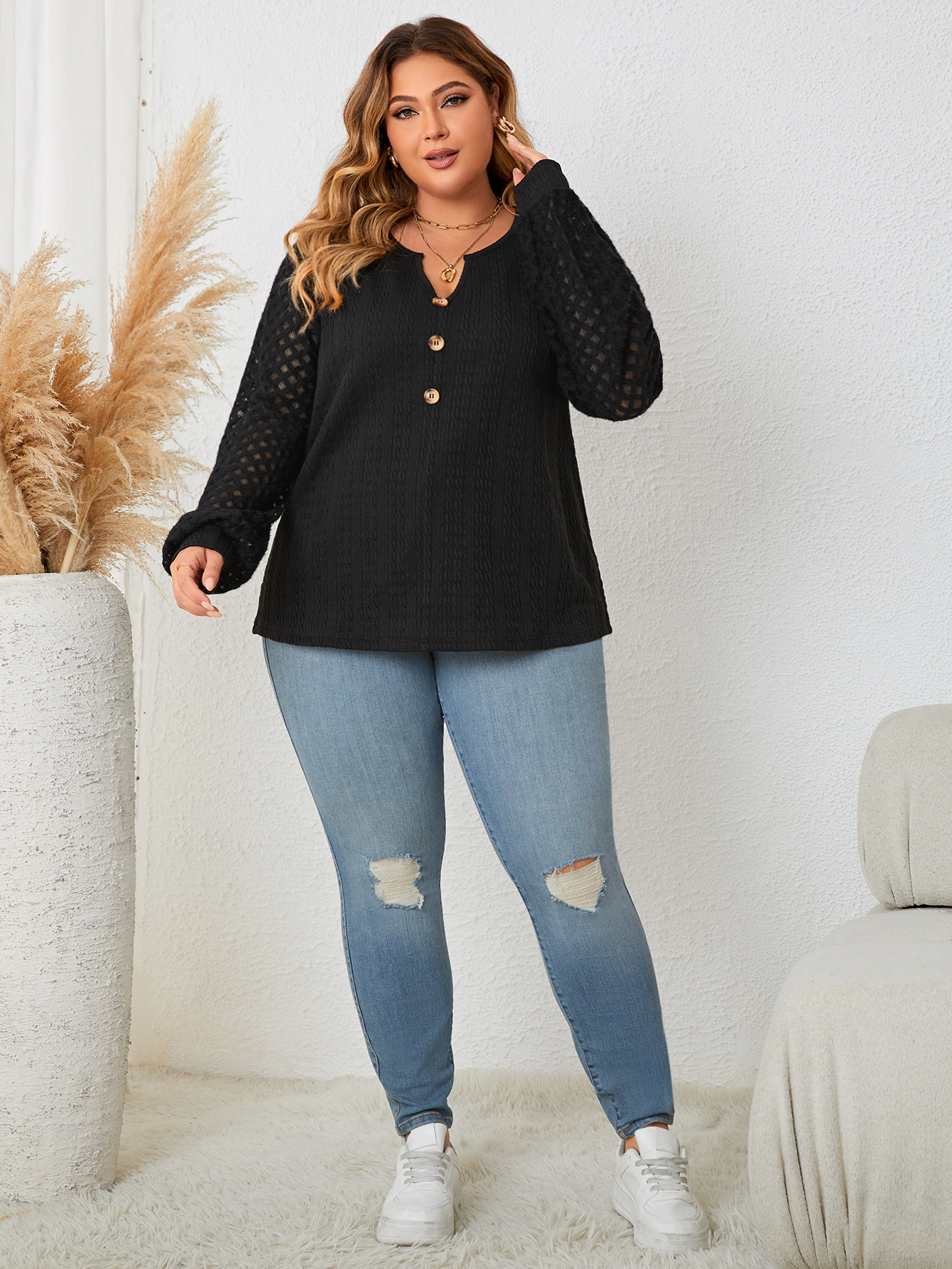 Women's Plus Size Lace-Trim Button Knit Long-Sleeve Top