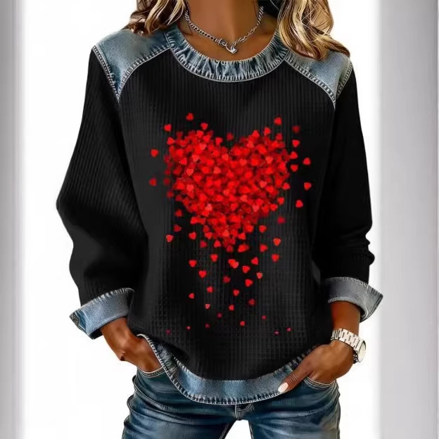 Women's Heart Print Crewneck Sweatshirt Casual Pullover