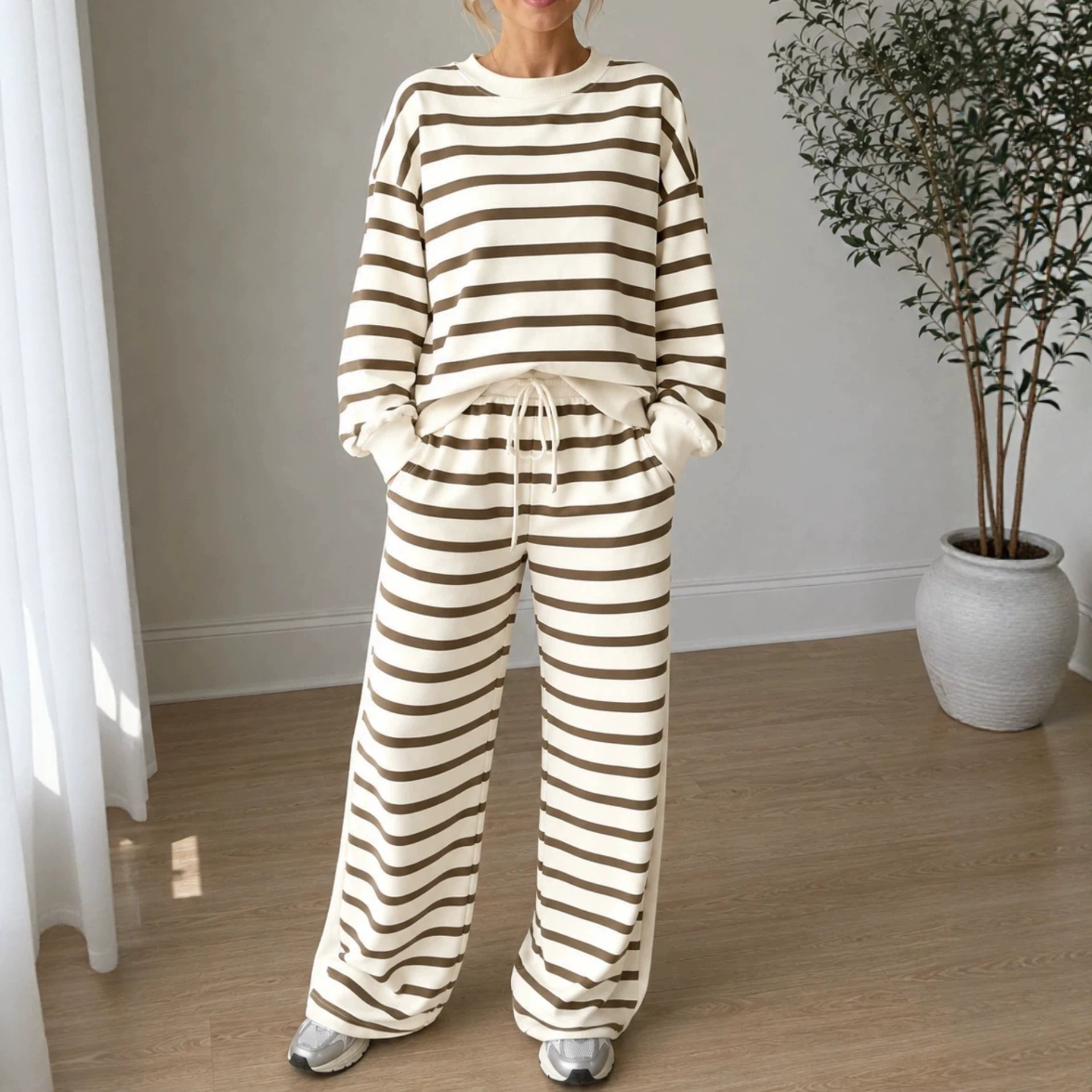Women's High-Waist Striped Print Long-Sleeve Two-Piece Casual Set