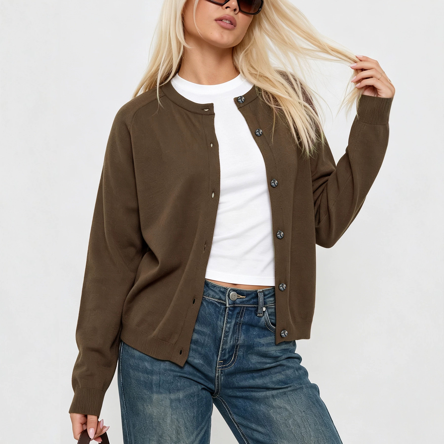 Women's Plus Size Knit Cardigan Button-Down Long Sleeve Crew Neck