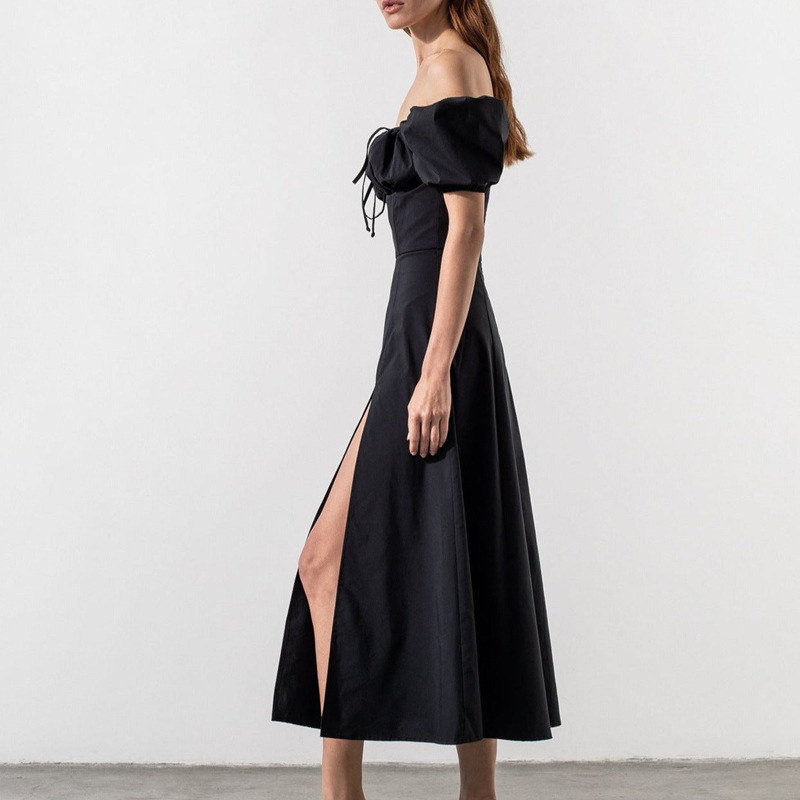 Women's Off-Shoulder High-Slit Midi Dress with Bubble Sleeves