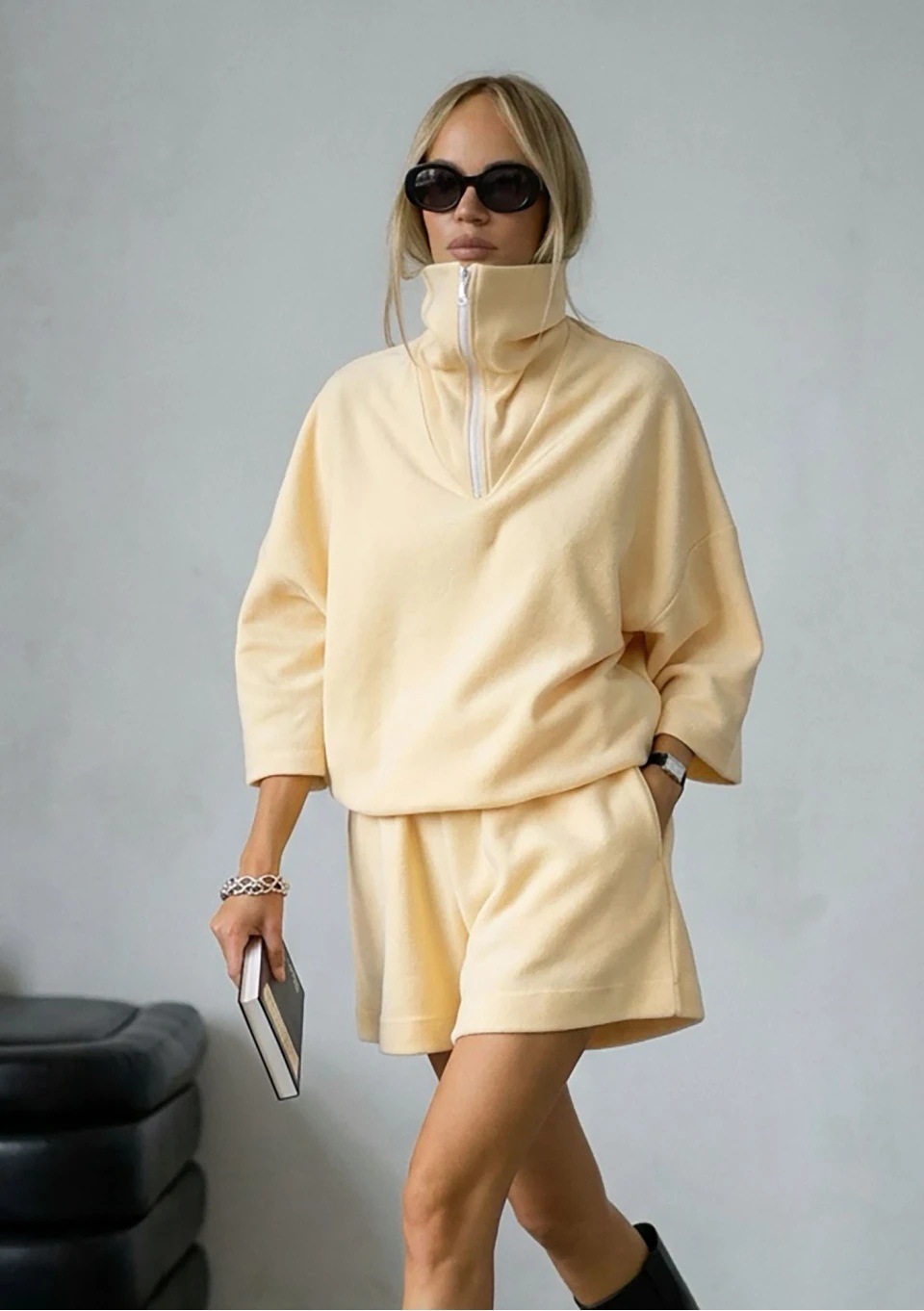 Women's Solid Half-Zip Collared 3/4 Sleeve Hoodie & High-Waist Wide-Leg Shorts Set