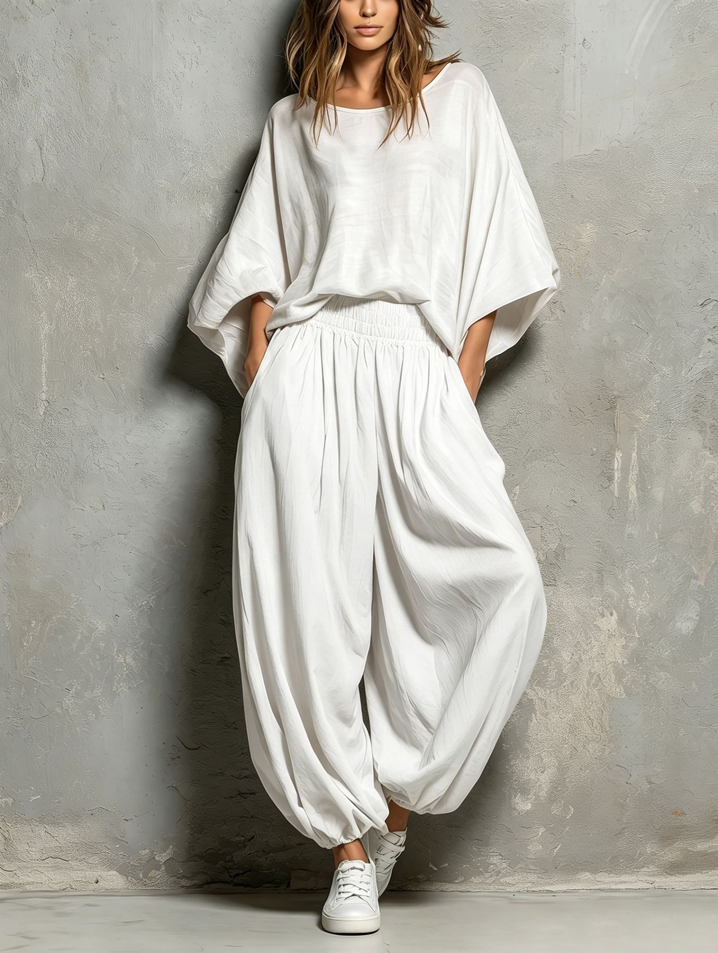 Women's Casual Crewneck Loose Top & Wide-Leg Pants Two-Piece Set