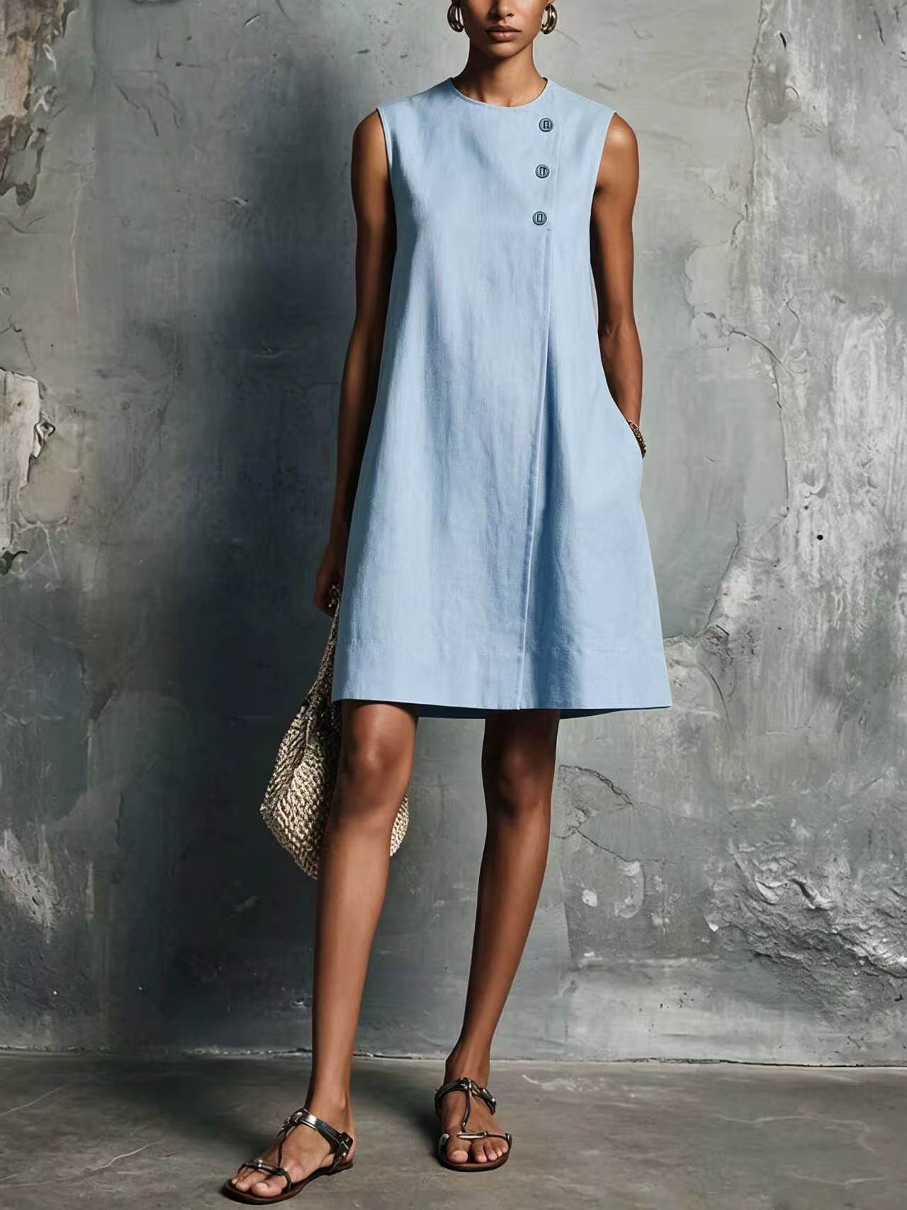 Minimalist Crewneck Sleeveless Dress with Asymmetric Buttons and Side Pockets
