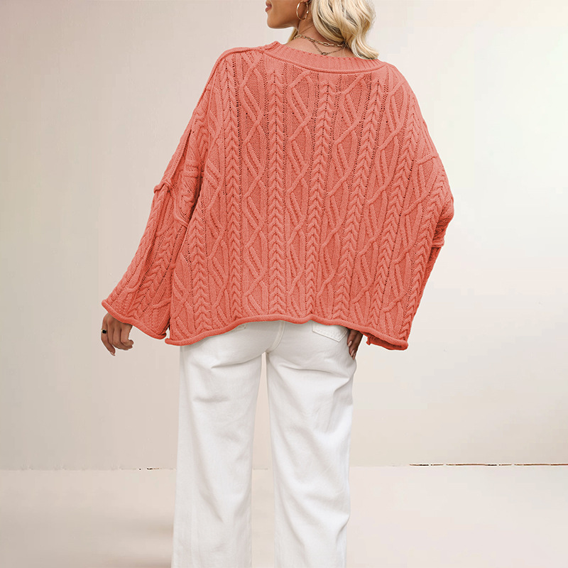 Cable Knit Cropped Sweater Plus Size Loose Crew Neck Pullover