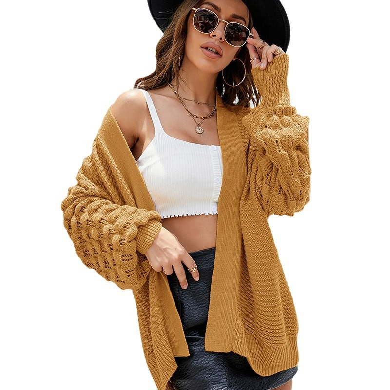 Solid Color Loose Knit Cardigan with Lantern Sleeves