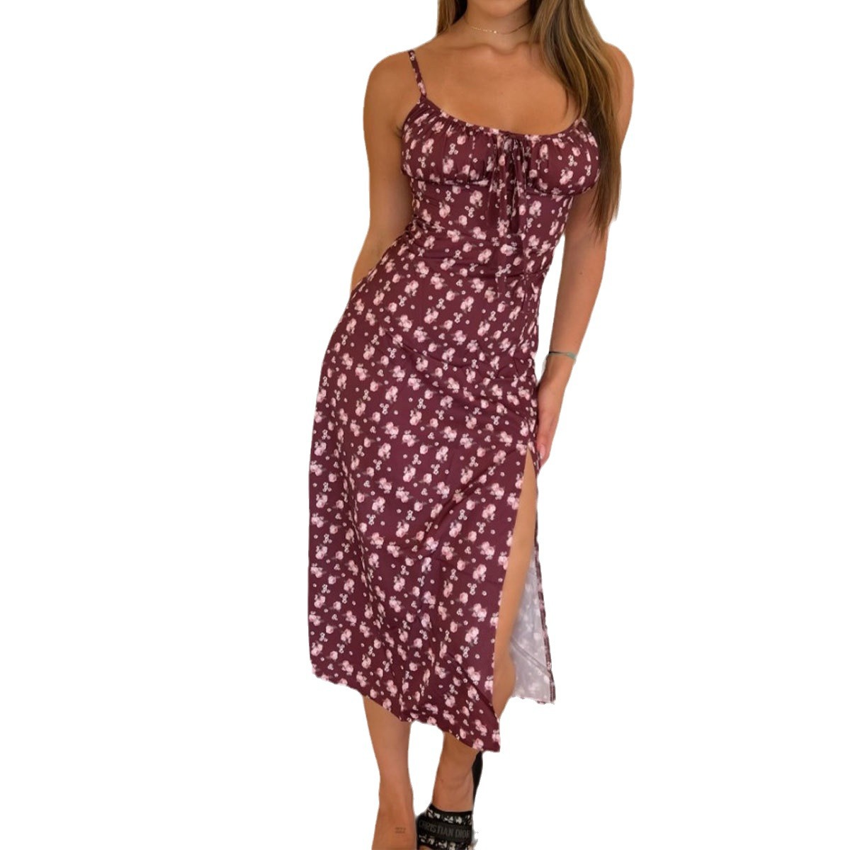 Women's Floral Print Tie-Strap Slit Cami Dress