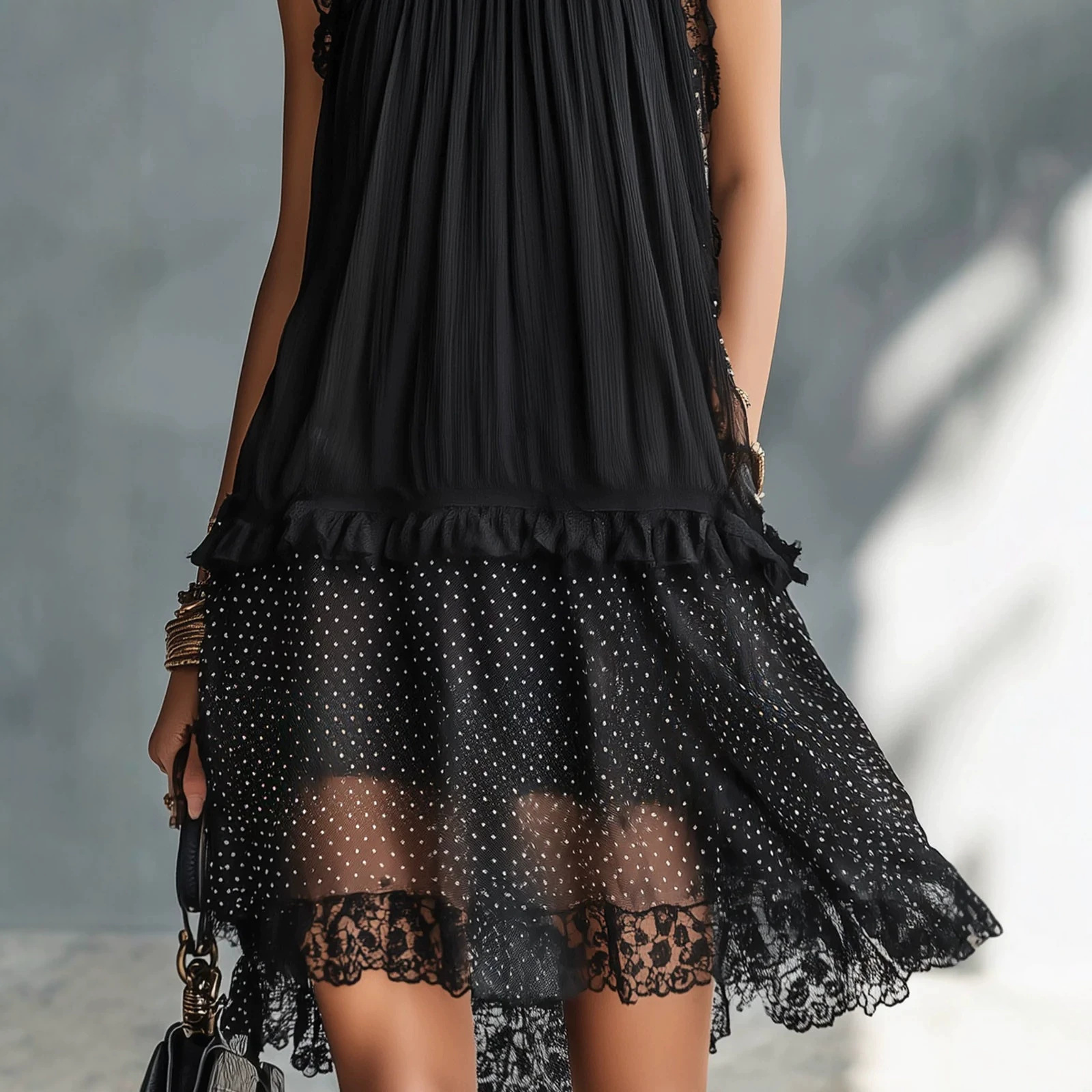 Sleeveless Black Lace Panel Dress with Round Neck