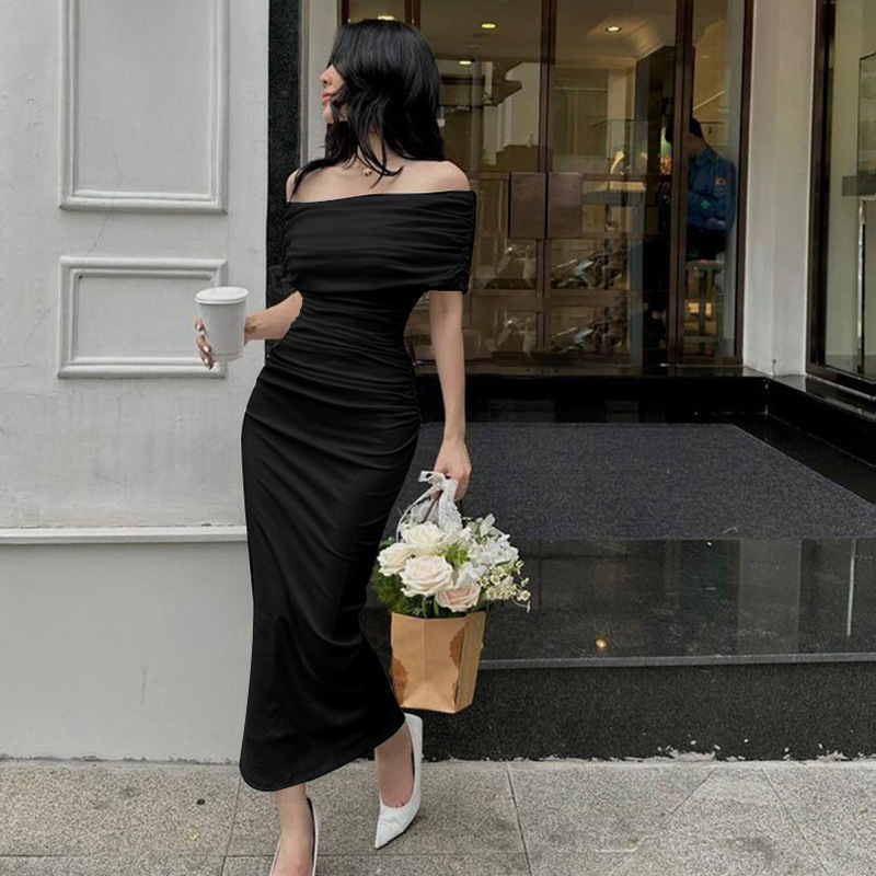 Off-Shoulder Ruched Slit Long Dress