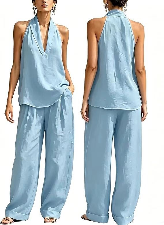 Women's Halter V-Neck Sleeveless Casual Two-Piece Pants Set