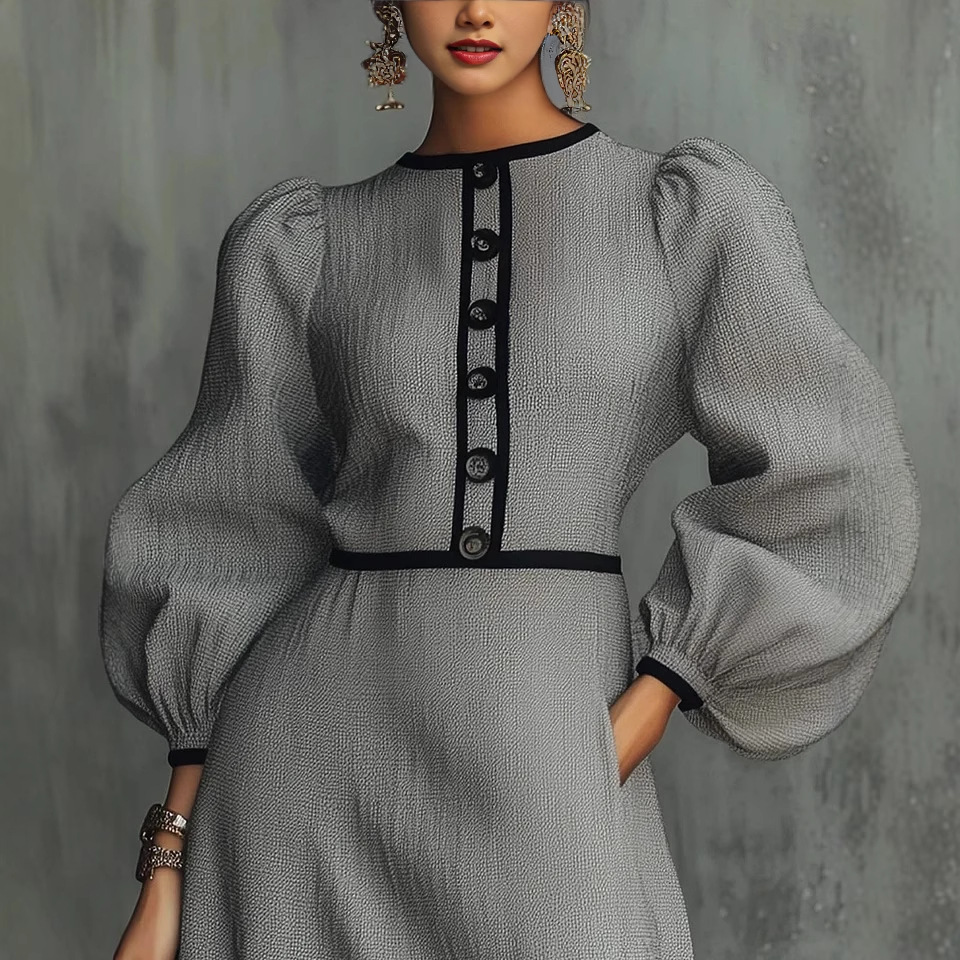 French-Style Gray Spliced Knit Dress with Button Detail