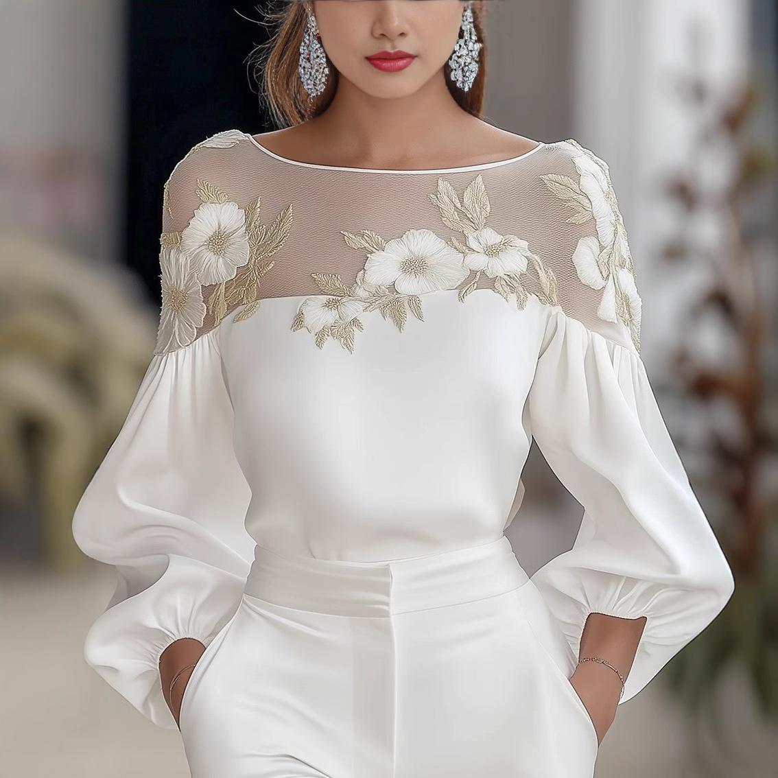 Women's Long Sleeve Round Neck Mesh Panel Digital Print Chiffon Top