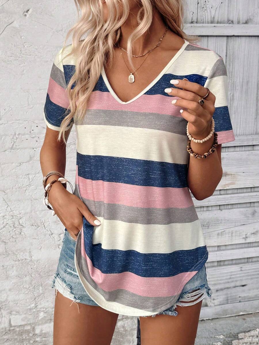 Women's V-Neck Short-Sleeve Gold Foil Rose Butterfly Print Top