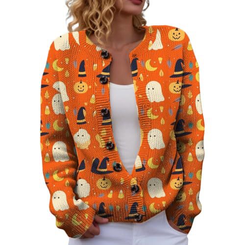 Halloween Pumpkin Castle Print Faux Knit Cardigan for Women